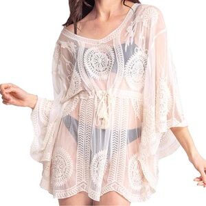 One Size Women's Cream Lace Semi-sheer Pullover Tunic‎ Boho Fairycore